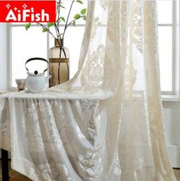 European Classic Flocking Screens Beige White Semi-shading Tulle Window Treatments Sheer Panels Curtain For Living Room wp011-40