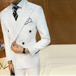 Handsome Peak Lapel White Double-Breasted Groom Tuxedos Men Suits Wedding/Prom/Dinner Best Man Blazer(Jacket+Pants+Tie+Vest) m695