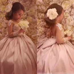 Sheer Neck Flower Long Sleeves Ball Gown Satin Baby Girl Birthday Party Dresses Girls Pageant Gowns s s