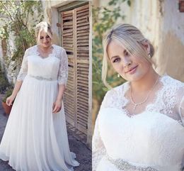 Custom Made Plus Size Wedding Dresses With Sleeve V-neck Romantic Lace Crystal Sash Draped Chiffon Bridal Beach Party Wedding Gowns 2019