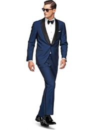 Brand New Navy Blue Men Wedding Tuxdos Excellent Groom Tuxedos Black Lapel One Button Men Blazer Business Dinner Prom Suit(Jacket+Pants+Tie)