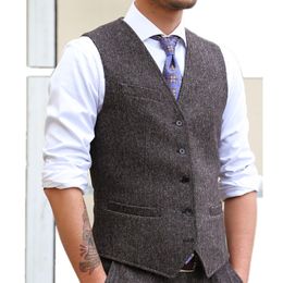 Modest Bristish Grey Wedding Groom Vests Wool Herringbone Tweed Outfits Groomsmen Attire Mens Suit Vest Waistcoat Plus Size Business Party