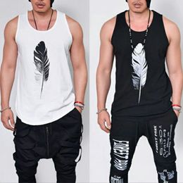 2017 Summer Fashion Casual Loose Solid Feather Print Sleeveless Hip Hop Men Tank Tops Male Cool Harajuku Sportwear White&Black