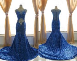 Sequined Mermaid Prom Dress Cheap Long Sheer Neck Crystal Hollow Back Short Sleeves Sweep Train Evening Formal Pageant Dresses