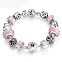 Silver Colour Flower Heart Start "LOVE" Letter Warm Pink Girl Murano Beads Bracelet For Mother's Day Gift Free Shipping
