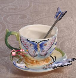 Tea coffee mugs ceramic blue butterfly milk cup home decor craft room wedding decoration porcelain figurine handicraft cup