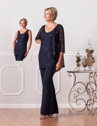 Chiffon Mother Of The Bride Suits Pants Jacket Long Sleeves Three Pieces Plus Size Lace Appliques Floor Length Mothers Suits in Navy BA6031