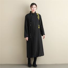 Unisex Winter Clothing silver buckled Ramie robe long gold thread embroidered cheongsam Robe long sleeves thickened cotton padded clothes