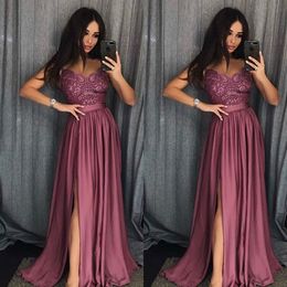 Spaghetti Straps Slit Prom Dresses Sexy Beads Lace Applique Sleeveless A-Line 2018 Prom Dress Cheap New Arrival Party Gowns Cocktail Dress