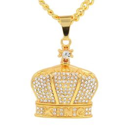 Hip Hop King Crown gold Pendants Necklaces & Pendants Bling Bling Iced Out Crystal Necklaces Stainless Steel Rope Chain