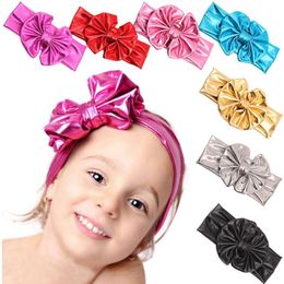 Metallic Colors Leather Children Baby Girls Big Elastic Hair Bows Head Wraps Turban Bands Bandana Headband Hair Accessories