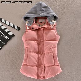 GENPRIOR Autumn Winter New Women Large Size Female Hooded Vest Cotton Vest Cardigan Short Peach Skin Thick Casual Waistcoat Coat