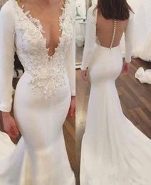 2018 White Evening Dresses Mermaid Deep V-Neck Button Back Long Sleeve Appliques Celebrity Dresses Prom Dresses