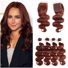 #33 Dark Auburn Peruvian Virgin Human Hair Bundles Deals with Lace Closure 4x4 #33 Copper Red Virgin Hair Weaves Extensions with Closure