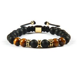 Powerful Men's Jewelry Wholesale 10pcs/lot Cubic Micro Pave Black CZ Spacer Beads Macrame Bracelet With Natural Tiger Eye Stone Beads