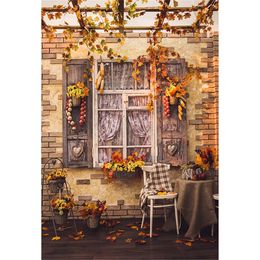 Autumn Photography Backdrops Printed Maple Leaves Brick Wall Old Wood Window Basket Yellow Flowers Kids Photo Studio Backgrounds