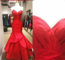 Red Mermaid Ruffles Prom Dresses Long 2019 Strapless Pleats Satin Layers Skirt Evening Gowns Elegant Formal Dress Custom Made Real Image