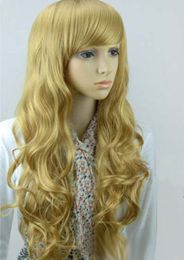 Fashion Long Dark Golden Blonde Wavy Curly Women's Cosplay Hair Wig Wigs + Cap