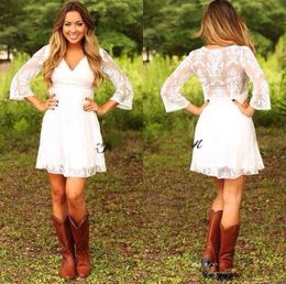 Modest Short Lace Cowgirls Country Wedding Dresses with 3 4 Long Sleeves Mini Bridal Gowns Reception Dress for Weddings 2020194K
