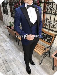 Newest Groomsmen Navy Blue Groom Tuxedos Peak Black Lapel Men Suits Wedding Best Man Bridegroom (Jacket + Pants + Vest + Bow Tie) L219