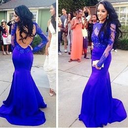 Sexy 2018 Mermaid Dresses Prom Illusion Bodice Open Back Trumpet Long Sleeve Royal Blue Prom Dresses Gowns