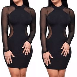 Womens Sexy Night Club Dress 2018 Summer Long Sleeve Geometric Black Patchwork Mesh Party Dresses Clubwear Bodycon Dress