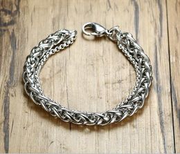 GNAYY BR-590 Hip-Hop Jewellery Stainless Steel Handmade Double 3mm Rolo Chain with 6mm Wheat Link Chain Bracelet Silver Women Men 8.66''