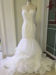 Cheap African Sexy Mermaid Wedding Dresses Sweetheart Crystal Beading Satin Ruffles Sweep Train Plus Size Custom Formal Bridal Gowns