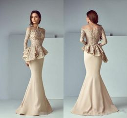 2018 Champagne Peplum Long Formal Dresses Evening Wear Sheer Neck Long Sleeve Lace Stain Dubai Arabic Party Gowns Mermaid Prom Dress