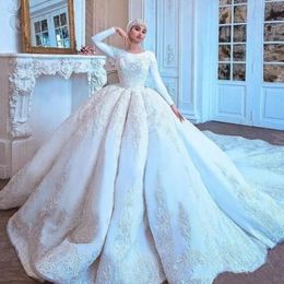 Fabulous Muslim Arabia Wedding Dresses Beads Lace Appliques Long Sleeve Ball Gown Wedding Dress Amazing Glamorous Princess Wedding Dress
