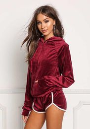 Women Fashion Sportswear Autumn Gold Velvet Tracksuit Womens Two Piece Set Hooded Hoodies short Pants Casual Sporting Suits328E