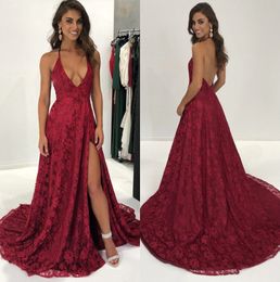 Burgundy Backless Prom Dresses Deep V Neck A Line Side Split Evening Gowns Vestidos De Fiesta Sweep Train Formal Dress