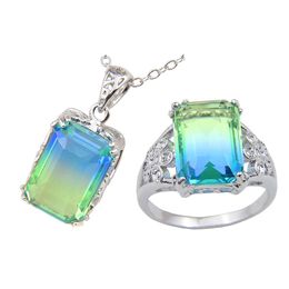 Luckyshine 5Sets/Lot Fashionable Vintage Tri-COLORED Tourmaline Crystal Zircon 925 Silver Women Holiday Gift Pendant Necklace Rings