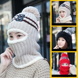 08 Hat Women Winter Warm Knit Hat Plus Velvet Thicken Conjoined Masked Head Cap Earmuffs Anti-snow Bike Cap Men