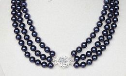 3row 8mm round navy blue sea shell pearls necklace 925 silver clasp