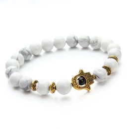 Natural Stone Black Lava Beads Bracelet Men Gold Color Hamsa Hand Charm Energy Yoga Mala Bracelets For Women F2830