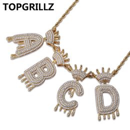 A-Z Letter Name Crown DripLetters Necklaces&Pendant For Men Women Gold Silver Colour CZ Hip Hop Jewellery Gifts