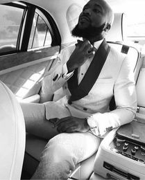 Custom Besigne White Paisley Men Wedding Tuxedos Black Shawl Lapel Double-Breasted Groom Tuxedos Men Dinner/Darty Suit(Jacket+Pants+Tie) 63