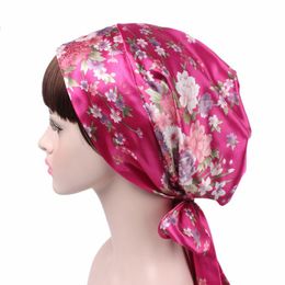 Women Print Bow Chemo Cap Satin Sleeping Hat Print Floral Soft Sleep Hat Clip On Headbands Hair Accessories