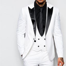 Fashion White 3 Piece Suit Groom Tuxedos Peak Lapel One Button Bridegroom Wedding Suit Men Prom Dinner Blazer(Jacket+Pants+Tie+Vest) 4316