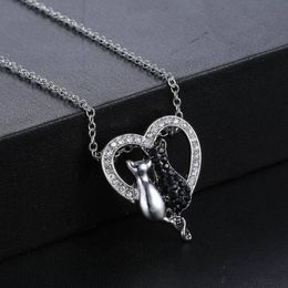 Diamond Crystal Couple Cat Heart Necklace Silver Pendant Chain Women necklaces Fashion Jewellery Gift will and sandy