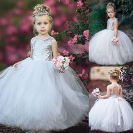 Silver Sequin Tulle Pageant Dresses For Girls Puffy Ball Gown Backless Baby Toddler Communion Dress Cheap Flower Girls Dresses For Weddings