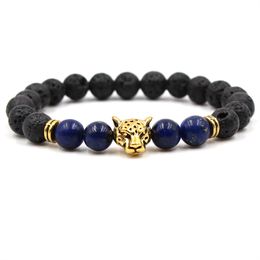 Natural Lapis Lazuli Stone Bracelet Black Bracelet Lion Leopard Head Lava Bracelets