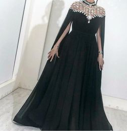 Black Prom Dresses Dubai Arabic High Neck Bling Crystal Beads Satin Luxury Evening Gowns With Wrap Custom Made Plus Size Cocktail Dress