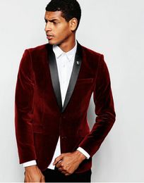 New Design Burgundy Velvet Groom Tuxedos Men Formal Suits Business Men Wear Wedding Prom Dinner Suits (Jacket+Pants+Tie+Girdle)NO;432