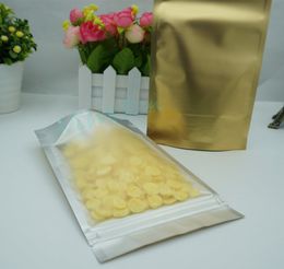 Food packing pouch, 100pcs/lot 22x29cm Stand up Translucency Matte Gold Aluminium Foil ziplock bag, Front clear view mylar plating zip sack