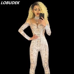 Sparkling Crystals 3D printing Female jumpsuit Club Bar Party DJ DS sexy costumes Jazz performance Modern dance outfit for singer dancer