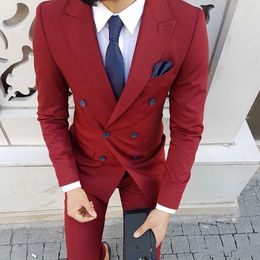 Classic Design Groom Tuxedos Double Breasted wine red Peak Lapel Groomsmen Best Man Suit Mens Wedding Suits (Jacket+Pants+Tie) NO:758
