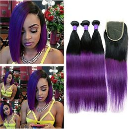 -Ombre Purple Brasilianisches Menschenhaar 3 Bundles mit Verschluss 1B / Lila Ombre 4 x 4-Spitze-Verschluss mit spinnt Ombre Virgin Hair mit Verschluss