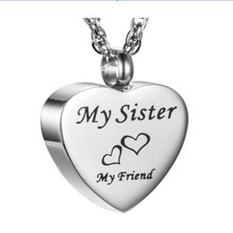Wholesale funeral jewelry engraved text my sister heart fragrance bottle pendant cremation stainless steel souvenir necklace